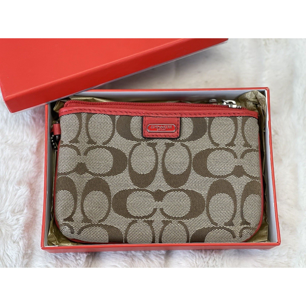 NEW W/ BOX COACH 48640 Canvas Signature C Wristlet Wallet Khaki/Carnelian Small